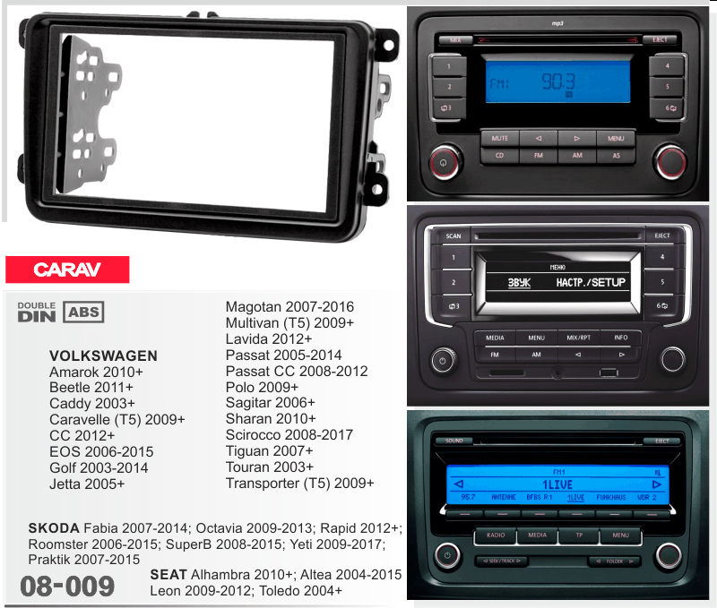 Перехідна рамка Volkswagen Caddy, Golf, Jetta, Passat, Polo, Tiguan, Touran Carav 08-009